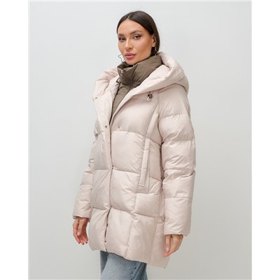 Куртка двубортная женская зимняя с капюшоном бежевого цвета 7736B
