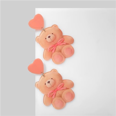 Серьги пластик «Сердца» мишки, цвет розово-бежевый в золоте