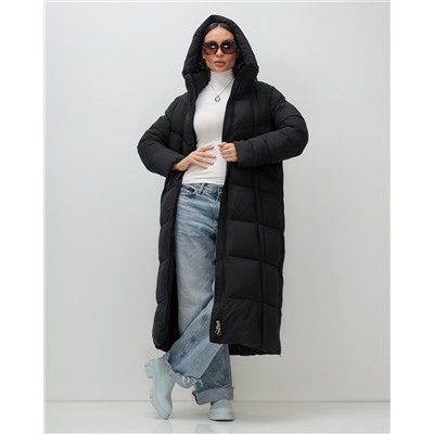 Пальто зимнее утепленное с капюшоном женское черного цвета 7729Ch