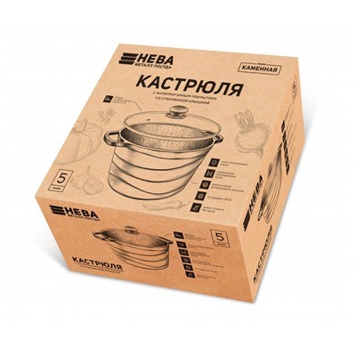 Кастрюля со стекл. крышкой 6л "Каменная" Черный гранит