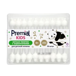 Ватные палочки для детской гигиены Premial, с ограничителем, 50 шт.