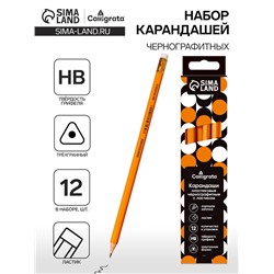 Набор карандашей чернографитных 12 штук, Calligrata Classic, с ластиком, заточенные, пластик, трехгранные, оранжевые