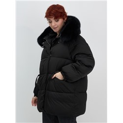 Куртка зимняя женская с мехом и капюшоном тренд черного цвета 7639Ch