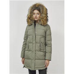 Куртка женская зимняя с мехом енот премиум класса цвета хаки 386Kh