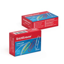 Скрепки канцелярские ErichKrause, 28 мм, 100 шт., цветные с виниловым покрытием, картонная упаковка, МИКС