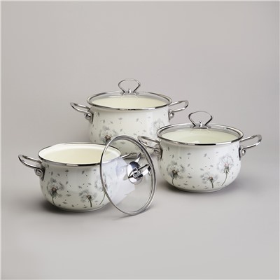 НАБОР КАСТРЮЛЬ ЭМАЛИРОВАННЫЙ, СЕРИЯ "DANDELION" 6ПР. 2,0/2,8/3,8Л ДИА.18/20/22СМ