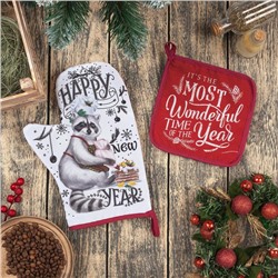 Набор новогодний новогодний кухонный "Happy new year": варежка-прихватка 20х28 см, прихватка 17х17 см