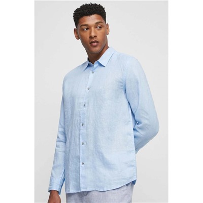 Koszula lniana męska z kołnierzykiem klasycznym kolor zielony kolor niebieski