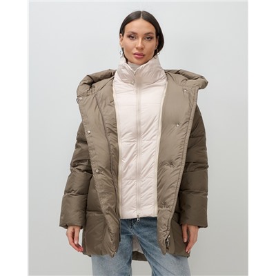 Куртка двубортная женская зимняя с капюшоном коричневого цвета 7736K