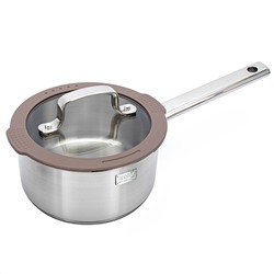 Ковш из нержавеющей стали "Experience" 1,5л, д16см, h8,3см, s0,6мм, дно д14,7см, s4мм, стеклянная крышка с широким силиконовым ободом и сливом, пароотовод, капсулированное дно, полировка внешняя - матовая, внутренняя - матовая, ручка из нержавеющей с