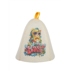 Шапка банная с принтом "БАНЯ.Матрёшка в очках", войлок белый