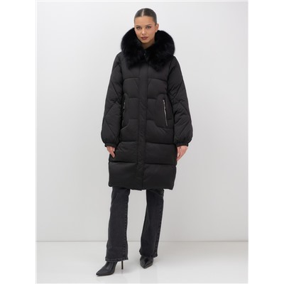 Пальто зимнее утепленное с мехом и капюшоном тренд черного цвета 7629Ch