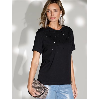 Нарядная футболка с принтом стразами из премиального хлопка с эластаном