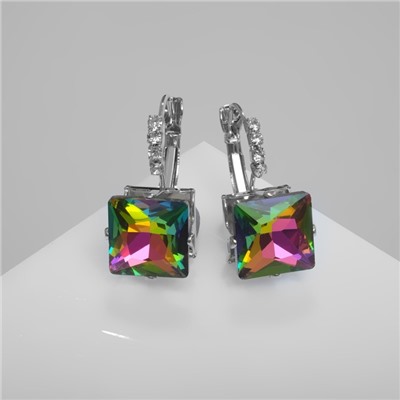 Серьги со стразами «Квадрат» мерцание, цвет бело-бензиновый в серебре