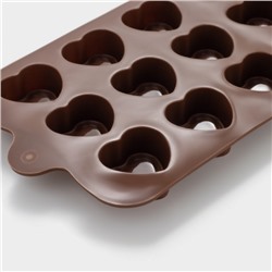 Форма для конфет и шоколада Доляна «Сердце», силикон, 21×10×1.5 см, 15 ячеек (2.9×2.7 см), коричневая