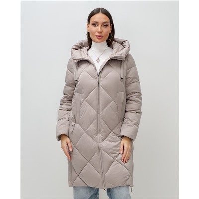 Пальто зимнее утепленное с капюшоном женское светло-коричневого цвета 7637SK