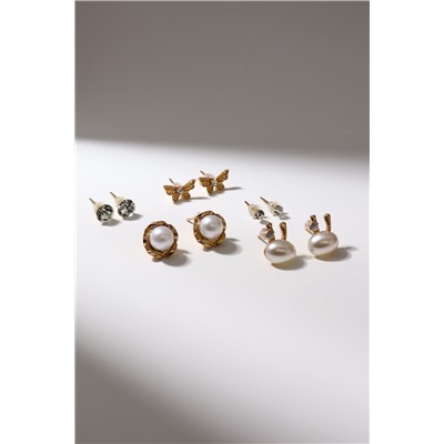 Серьги пусеты QF «Ассорти», 5 пар, зайчик, цвет белый в золоте