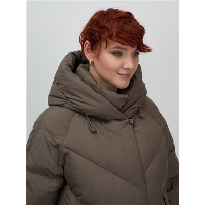 Пальто двубортная зимнее утепленное женское коричневого цвета 7732K