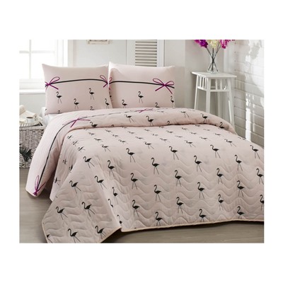 1 сп. Стеганое Покрывало Двустороннее 160x220 см. с Наволочкой 50x70 см. Flamingo Pudra