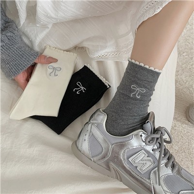 Breathable silver brand knee socks with bow, with embroidery, mid-length