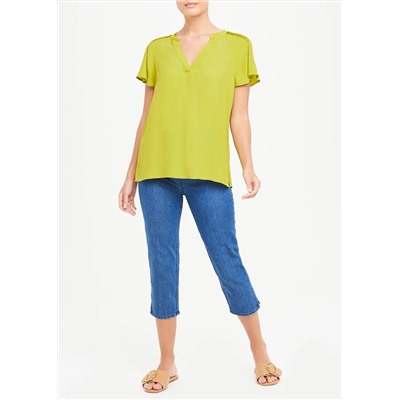Green Short Sleeve Pleat Shoulder Blouse