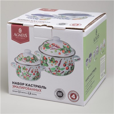 НАБОР КАСТРЮЛЬ AGNESS ЭМАЛИРОВАННЫХ СЕРИЯ "ФРУКТЫ", 4ПР. 1,5Л И 2,8Л, 16Х10СМ, 20Х12СМ