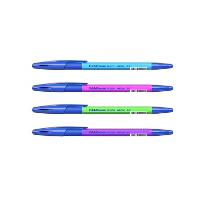 Ручка шариковая ErichKrause R-301 Neon Stick & Grip, узел 0,7-1.0 мм, чернила синие, резиновый держатель, длина линии письма 2000 метров, МИКС