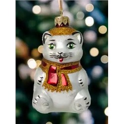 Елочная игрушка стеклянная декорированная "Котик в шапочке"