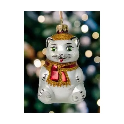 Елочная игрушка стеклянная декорированная "Котик в шапочке"