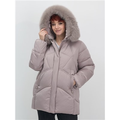 Куртка зимняя женская с мехом и капюшоном тренд светло-коричневого цвета 7656SK