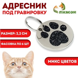 Адресник под гравировку "Блестящая лапка", 2,2 см, фасовка по 6 шт, микс цветов