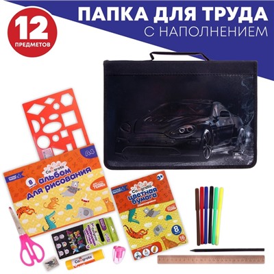 Папка-пенал для труда А4, 340×240×30 мм, с ручкой, молния вокруг, наполнение 12 предметов, Calligrata, «Тачка», ламинированный картон (объемный 3D-рисун�...