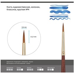 Кисть художественная колонок Гамма "Классика", круглая №4