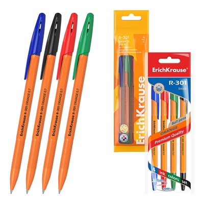 Набор ручек шариковых 4 цвета R-301 Orange Stick, узел 0.7 мм, чернила: синие, чёрные, красные, зелёные, длина линии письма 2000 метров, европодвес