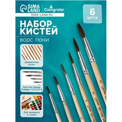 Набор кистей пони 6 штук: № 1, 2, 3, 4, 5, 6, круглые, мягкие