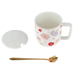 Кружка фарфоровая "Сюита" 380мл, д8,5см h8,9см, матовая глазурь, отводка золотом, с деколью, цвет - розово-красный, фарфоровая крышка, ложка металл., окрашенный "золото" 15,5см, д/горла 8,5см, д/основания 6,9см, в подарочноый коробке (Китай)