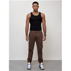 Джинсы карго мужские с накладными карманами коричневого цвета 2402K