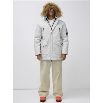 Парка мужская зимняя удлиненная с мехом светло-серого цвета 602_1SS
