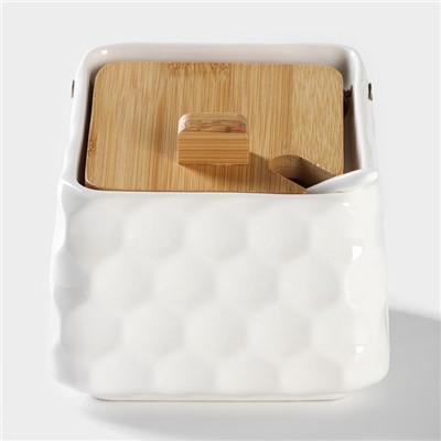 Банка для сыпучих BellaTenero, 800 мл, 14.5×11 см, с ложкой, с бамбуковой крышкой, фарфор, белая