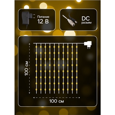 Гирлянда «Занавес» 1 × 1 м роса, IP20, серебристая нить, 100 LED, свечение тёплое белое, 12 В