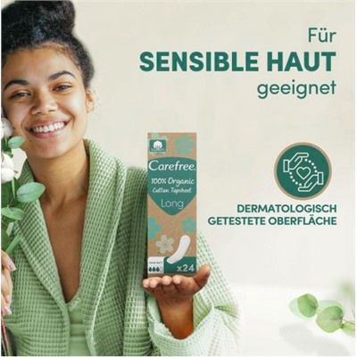 Carefree  Slipeinlagen Organic Cotton Long 24 St, Карефри Ежедневные прокладки из органического хлопка Long 24шт, 5 упаковок (120 штук)