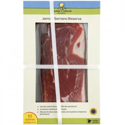 Jamón serrano reserva 50% raza duroc Calidad y Origén Carrefour pack de 10 sobres de 100 g