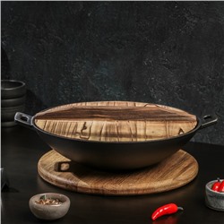 Сковорода-ВОК Magma «Хемминг», 31×8 см, чугун, с деревянной крышкой, индукция, чугун, чёрная