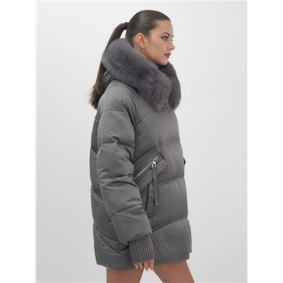 Куртка зимняя женская с мехом и капюшоном тренд темно-зеленого цвета 7737TZ