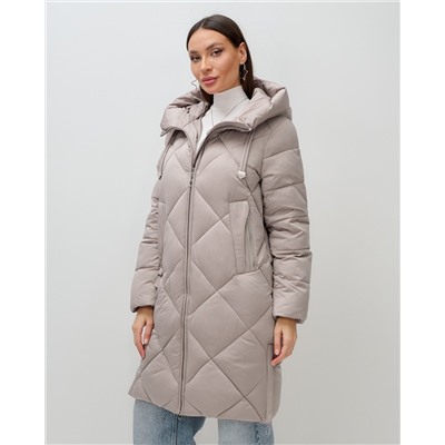 Пальто зимнее утепленное с капюшоном женское светло-коричневого цвета 7637SK