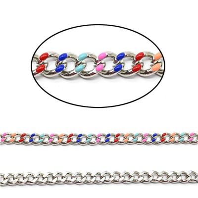 Цепочка для украшений, звено 6*8мм с эмалью, цв.серебристый, цветной, 50см