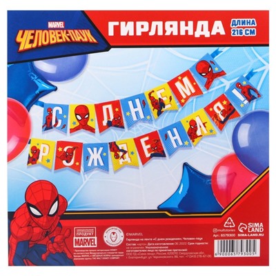 Гирлянда на ленте «С Днем Рождения», длина 215 см, Человек-паук