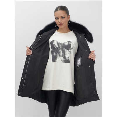 Куртка зимняя женская с мехом и капюшоном тренд черного цвета 7660Ch