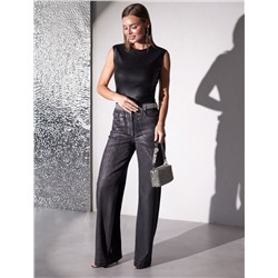 Топ с закрытым декольте из хлопка с эластаном в рубчик с матовым покрытием металлик