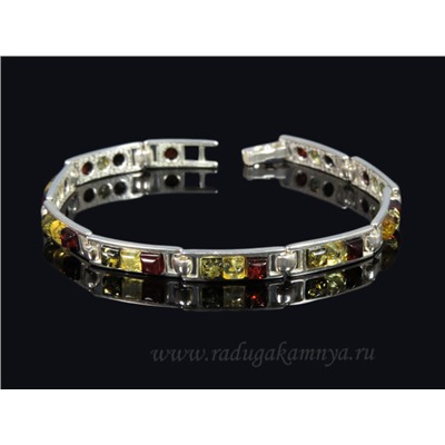 Браслет с янтарём в посеребрении квадратики 7*23мм ассорти, 20см